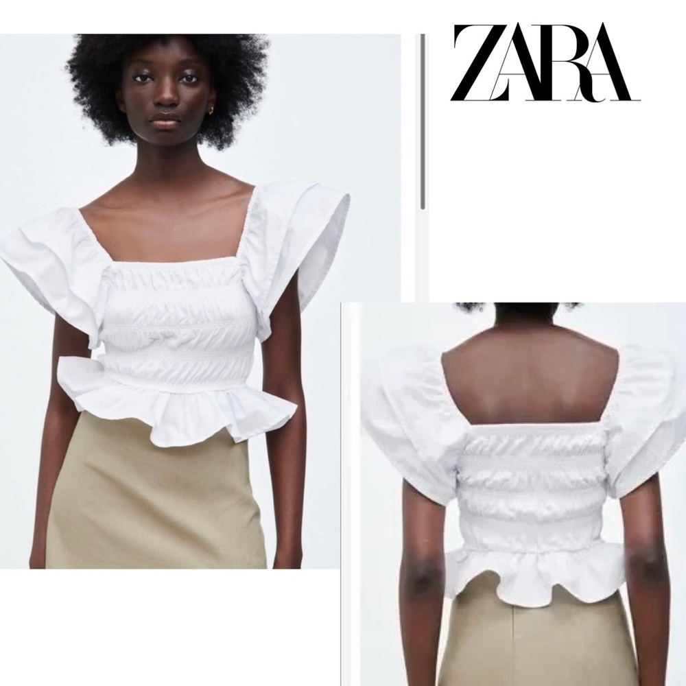 Zara White Ruffle frill sleeve smocked voluminous top Blouse Sz L NWOT bohemian